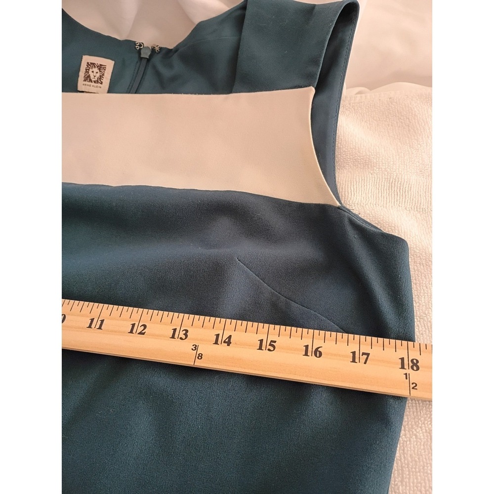 VTG Anne Klein Teal Ivory Colorblock Sheath Dress Slveless Zip 6 Career Classic - Picture 9 of 9